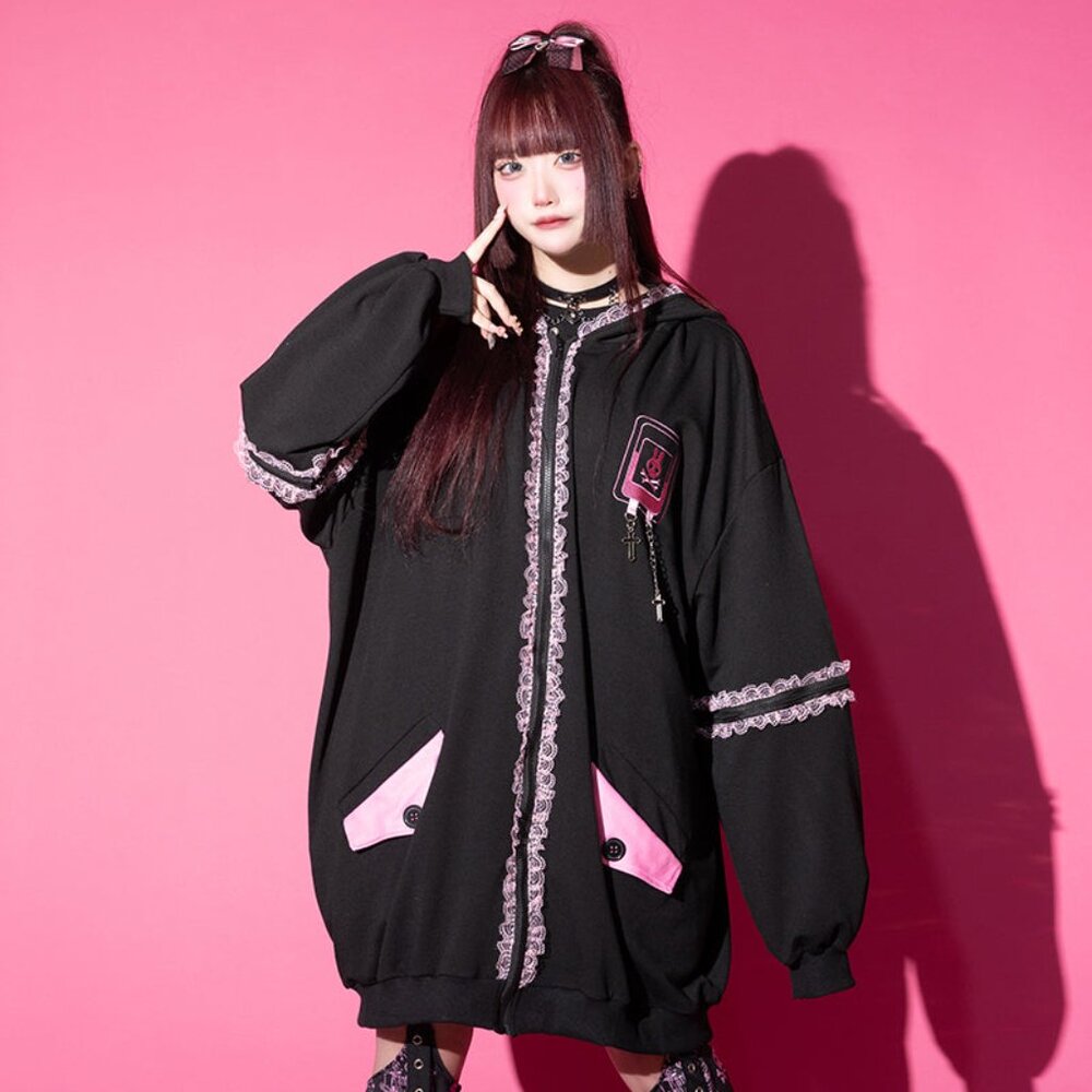 NEW ACDC RAG Bunny Dolls Punky Bunny Usamimi Black Pink Oversized Zip Hoodie